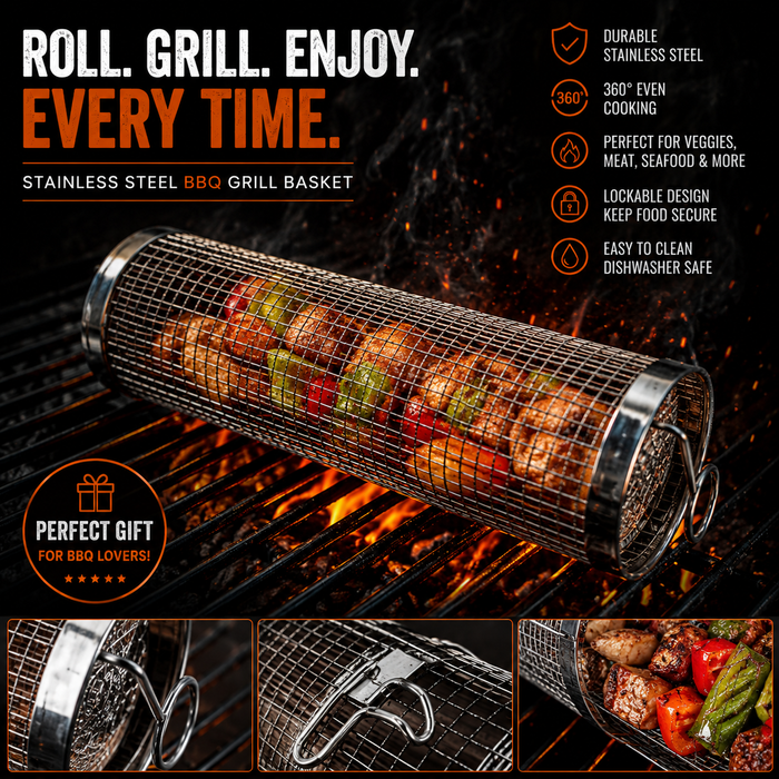 2x BBQ Rolling Grill Basket β Stainless Steel Mesh Basket for Grilling Vegetables, Fries & More