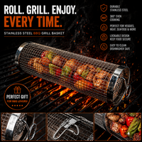 2x BBQ Rolling Grill Basket – Stainless Steel Mesh Basket for Grilling Vegetables, Fries & More